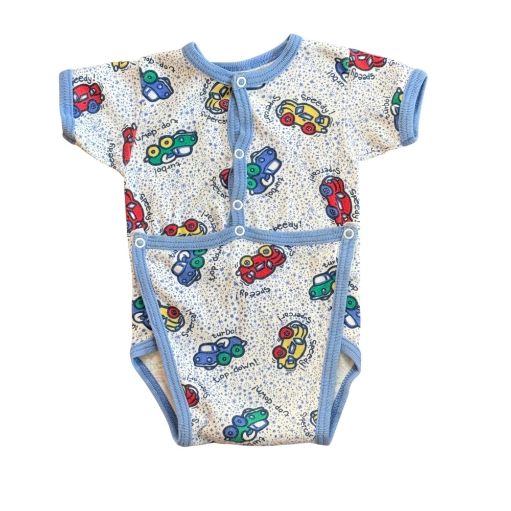 Vintage Kidcore Baby Boy Bodysuit 90's JCPenny White Blue Car Print  6-9m